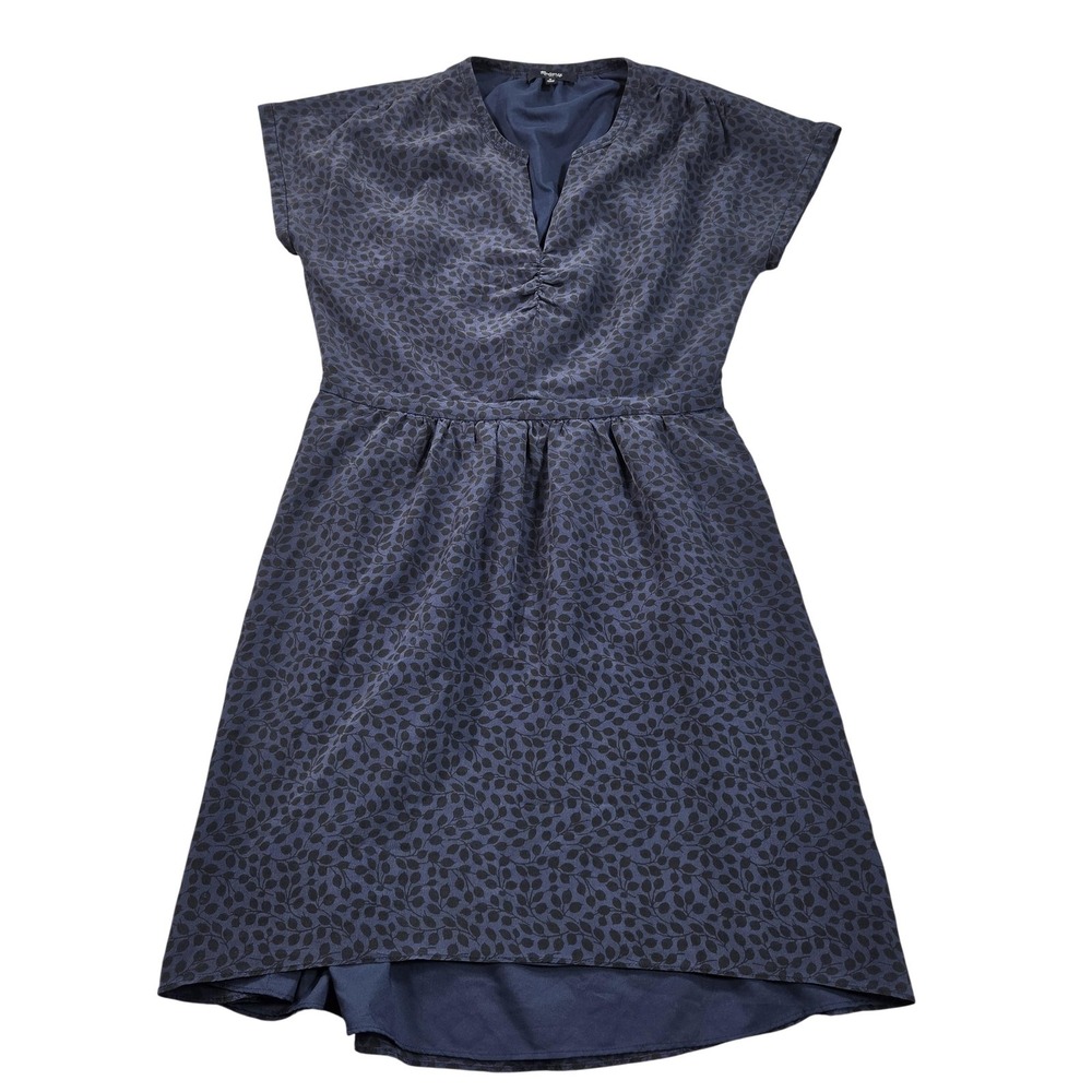 Madewell Dress Womens 6 Blue Floral V Neck Short Sleeve Fit & Flare High Low Hem
